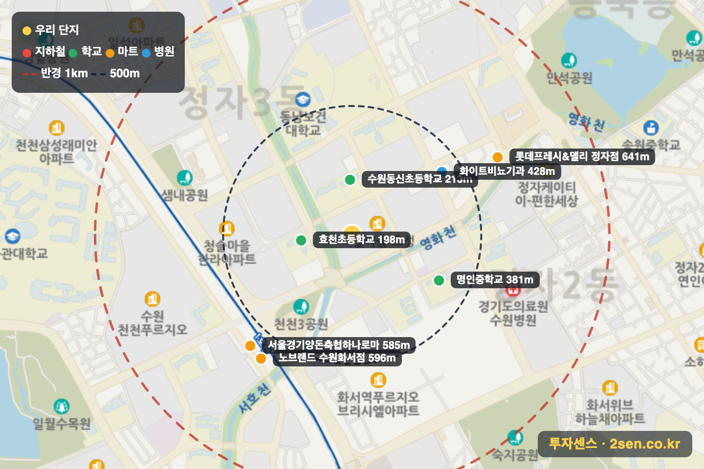 백설마을삼환나우빌 반경 1km 입지 지도(지하철·학교·마트)