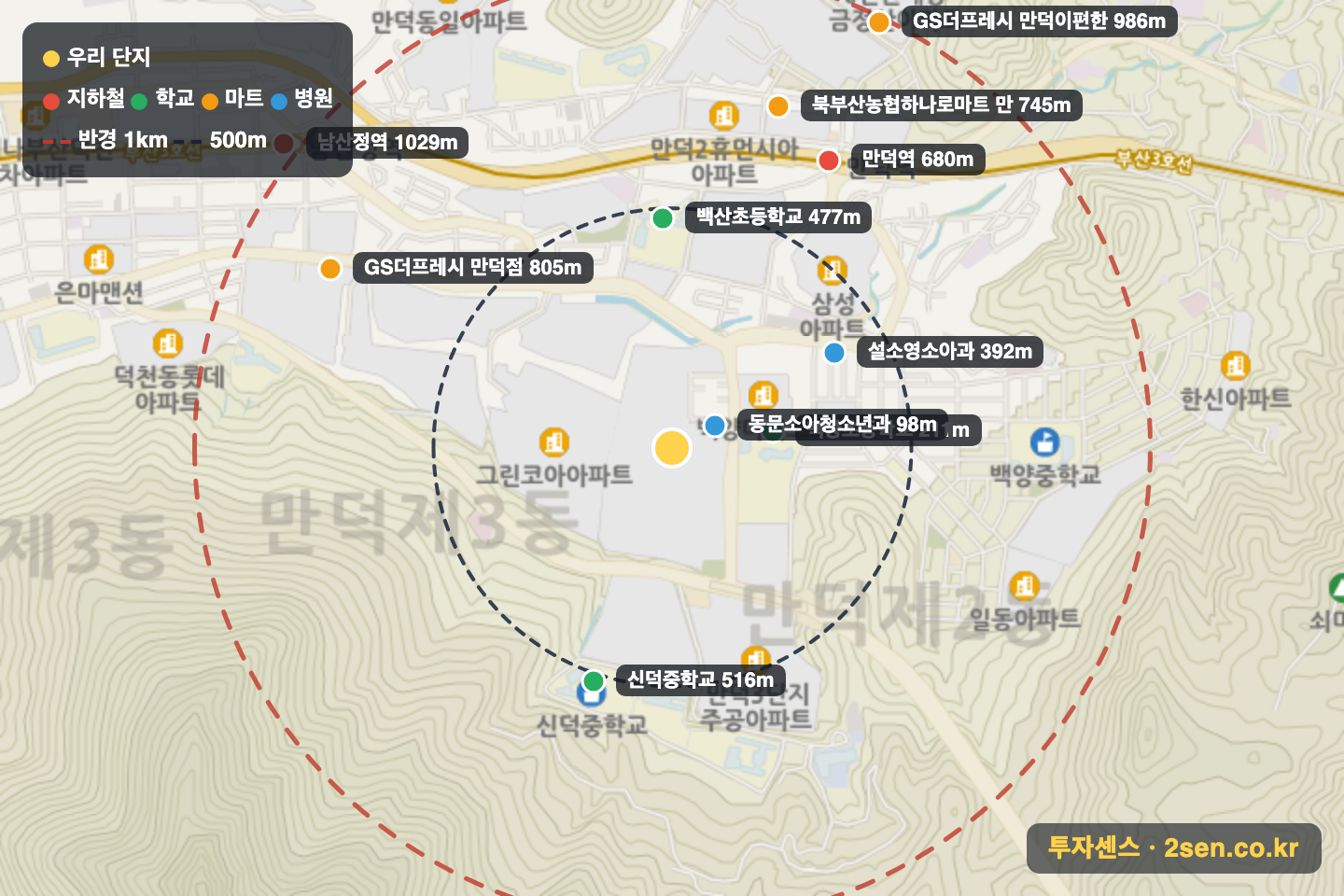 백양디이스트(1단지) 반경 1km 입지 지도(지하철·학교·마트)