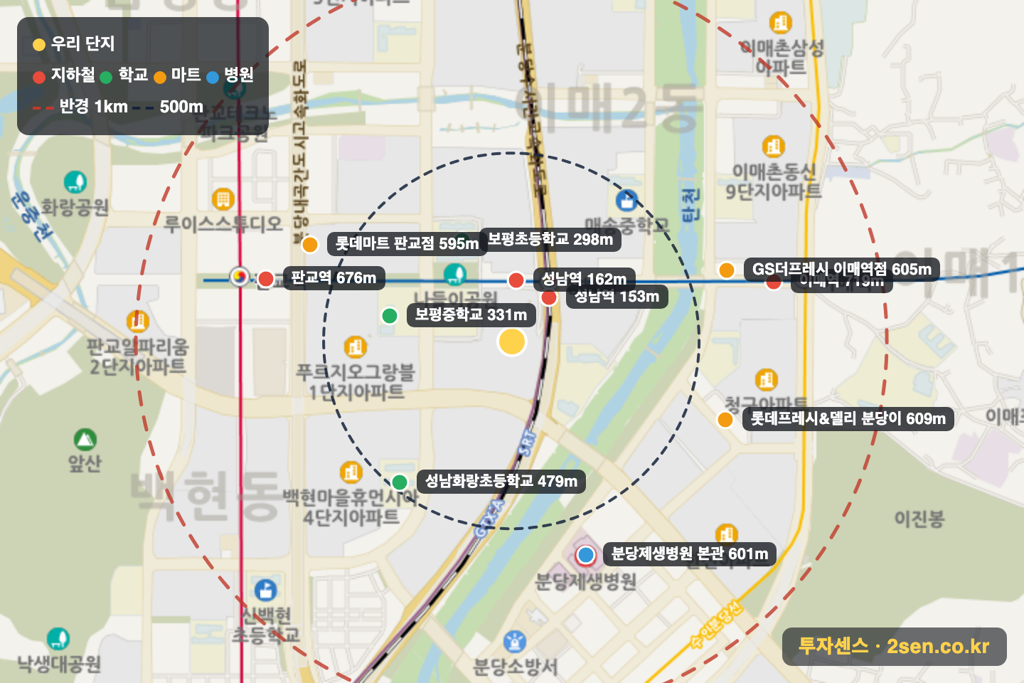 백현마을2단지 반경 1km 입지 지도(지하철·학교·마트)