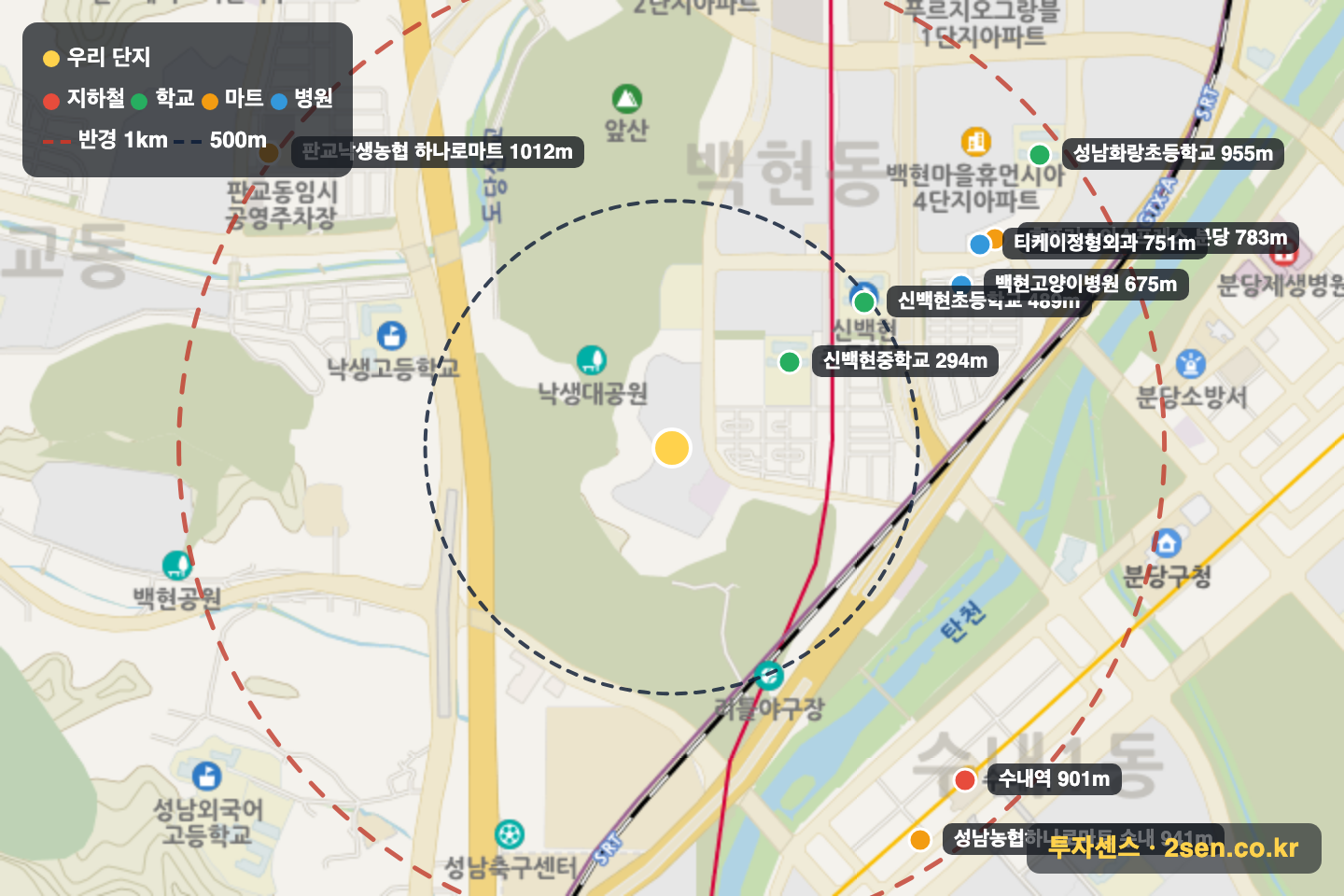 백현마을9단지(e편한세상) 반경 1km 입지 지도(지하철·학교·마트)
