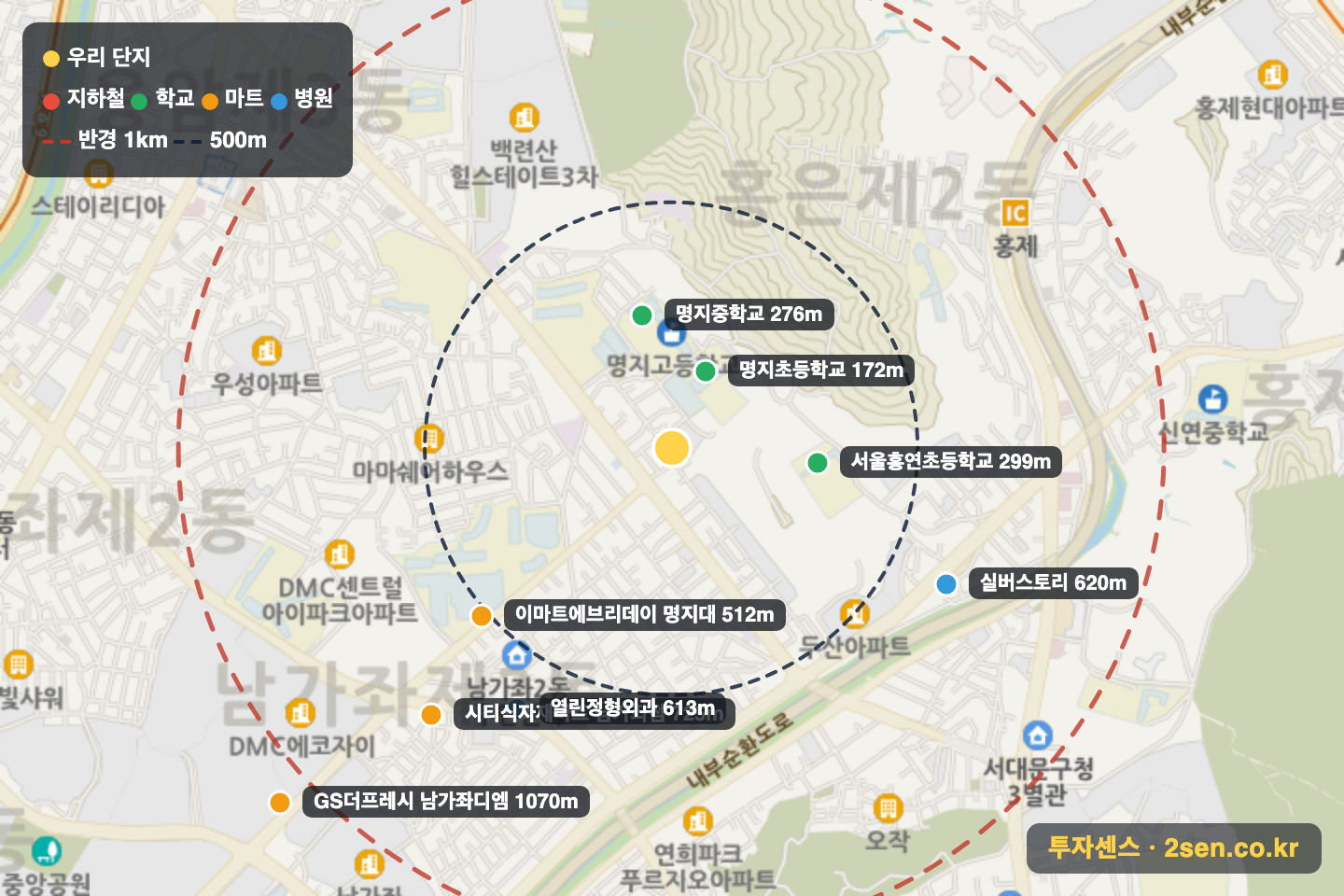 베벌리힐즈 반경 1km 입지 지도(지하철·학교·마트)