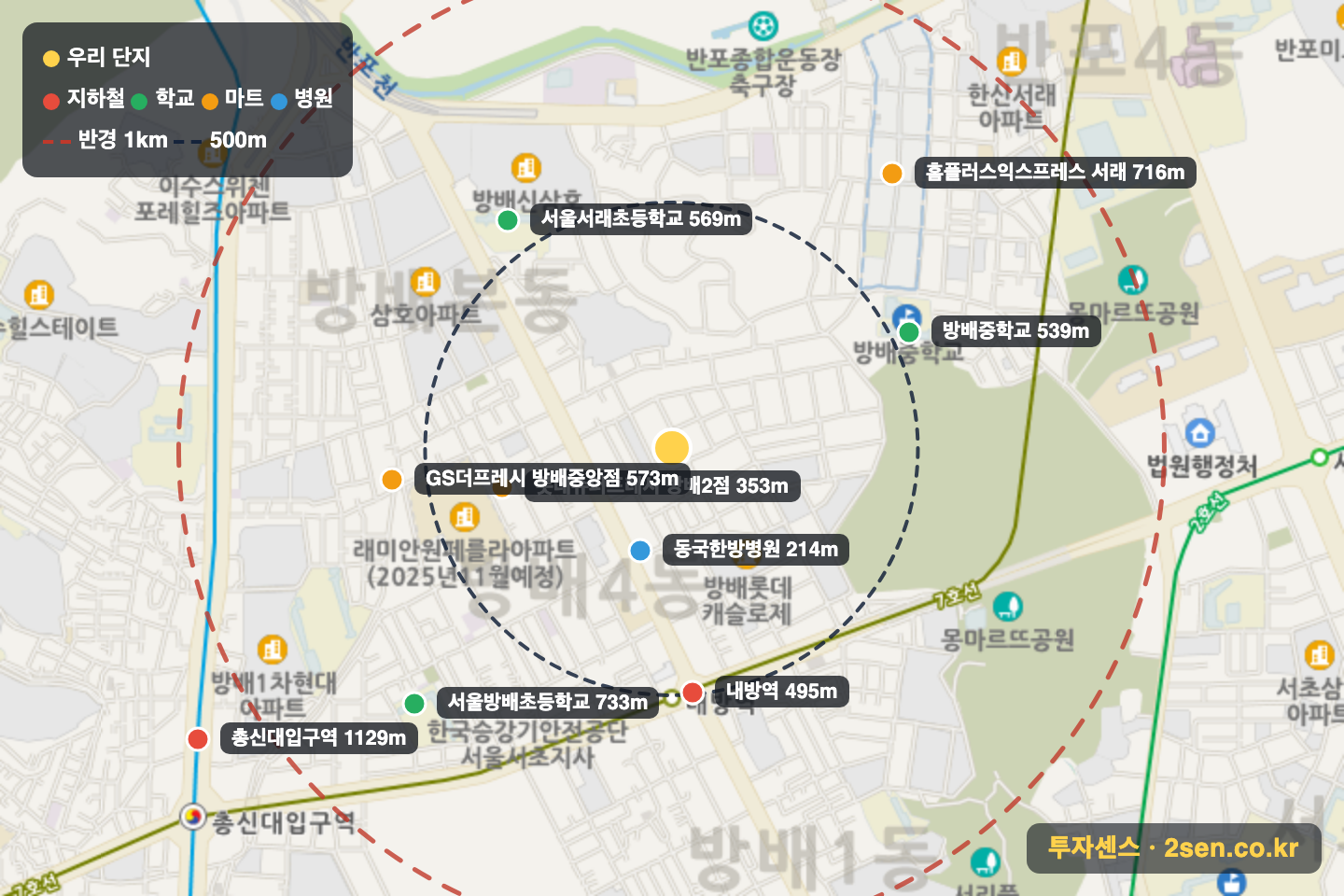 벨루체팰리스 반경 1km 입지 지도(지하철·학교·마트)