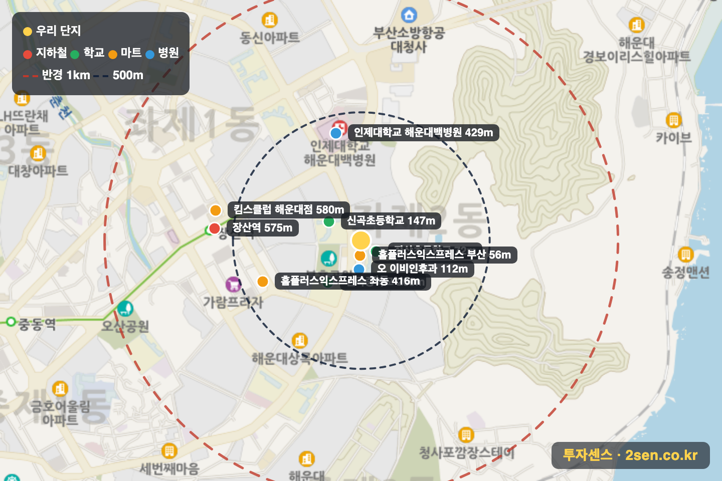 벽산2 반경 1km 입지 지도(지하철·학교·마트)