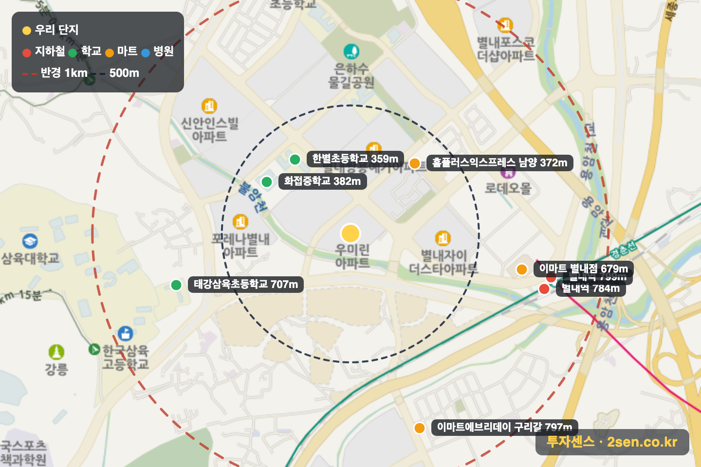 별내역우미린더퍼스트 반경 1km 입지 지도(지하철·학교·마트)