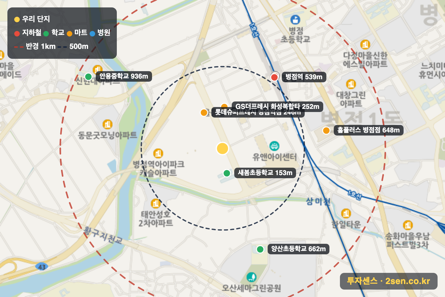 병점역아이파크캐슬 반경 1km 입지 지도(지하철·학교·마트)