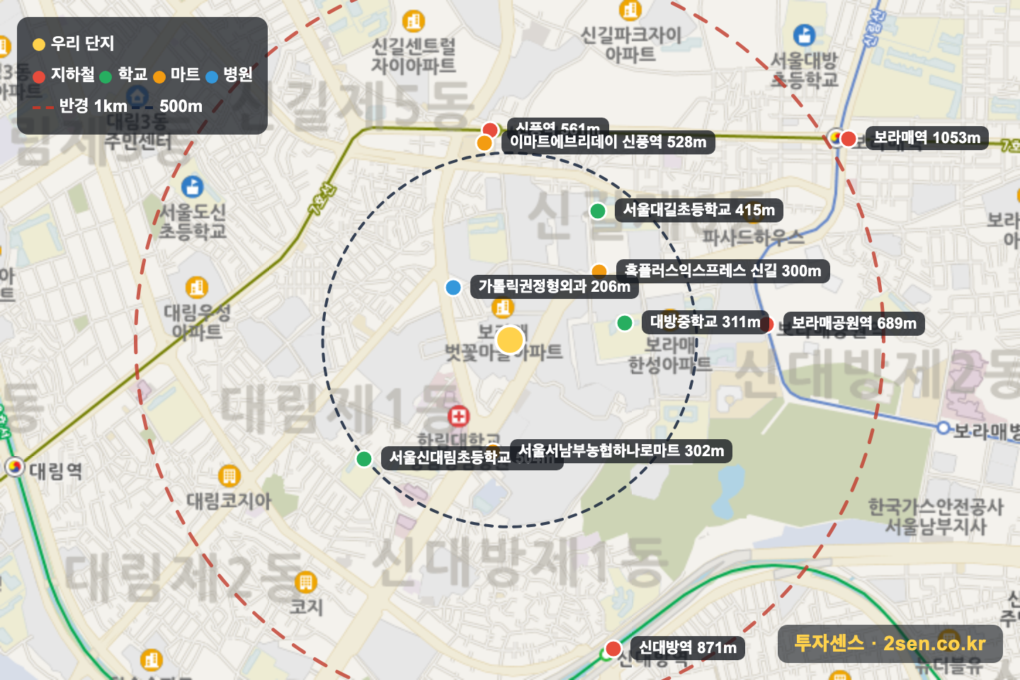 보라매경남아너스빌 반경 1km 입지 지도(지하철·학교·마트)