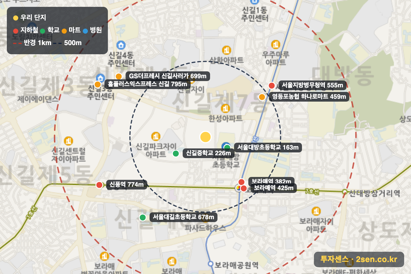 보라매에스케이뷰 반경 1km 입지 지도(지하철·학교·마트)