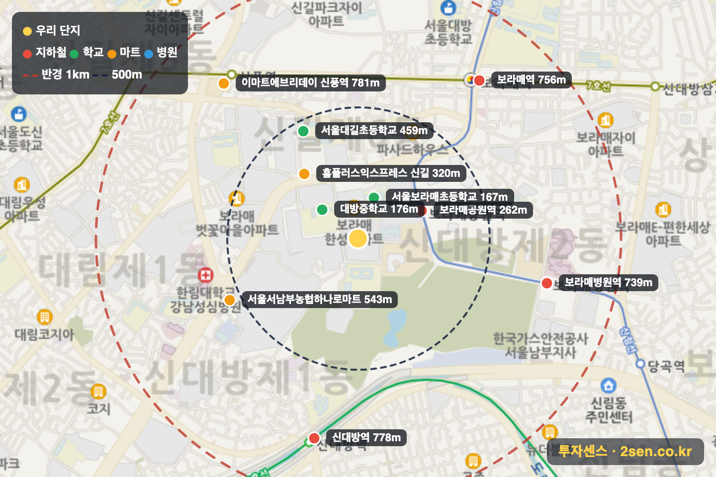 보라매파크빌 반경 1km 입지 지도(지하철·학교·마트)