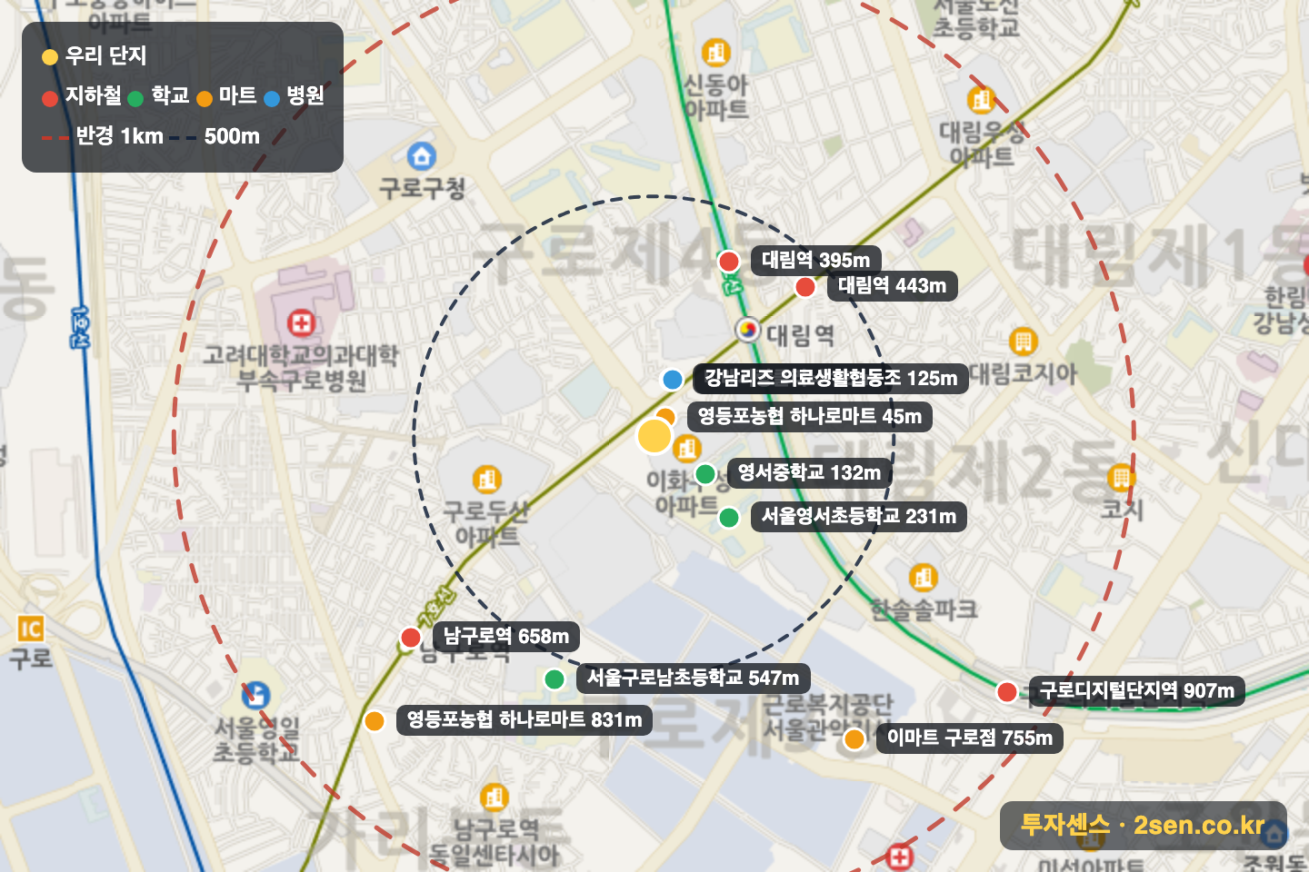 보성 반경 1km 입지 지도(지하철·학교·마트)