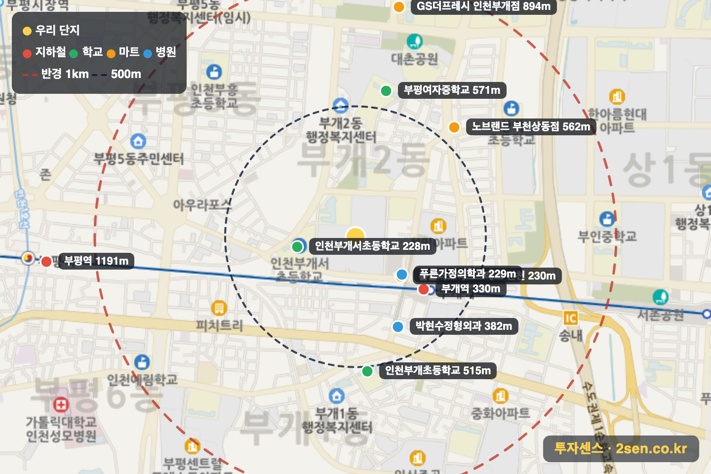 부개역푸르지오 반경 1km 입지 지도(지하철·학교·마트)