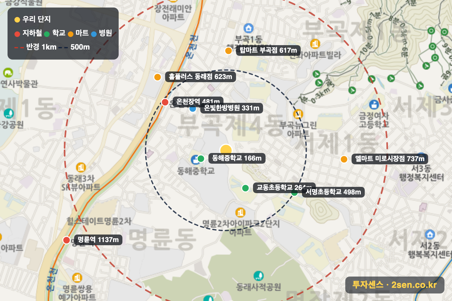 부곡동대동다:숲 반경 1km 입지 지도(지하철·학교·마트)