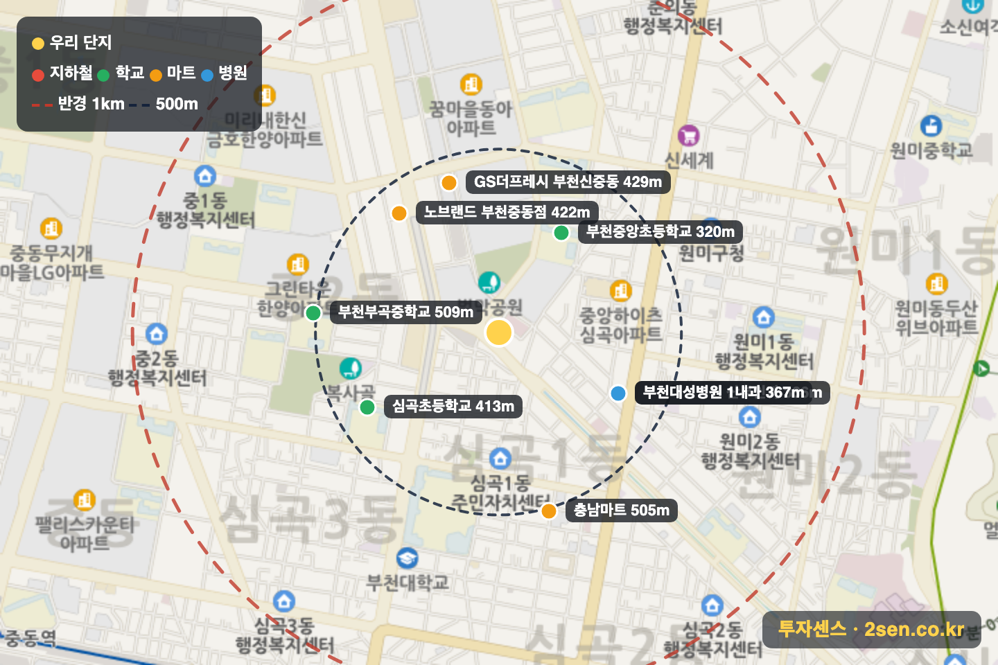 부천중동스타팰리움 반경 1km 입지 지도(지하철·학교·마트)