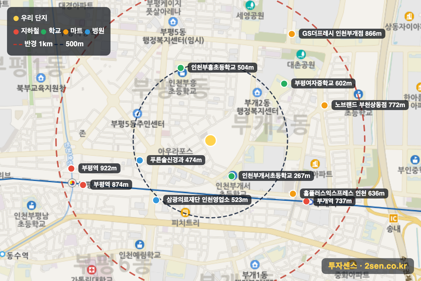부평SKVIEW해모로 반경 1km 입지 지도(지하철·학교·마트)