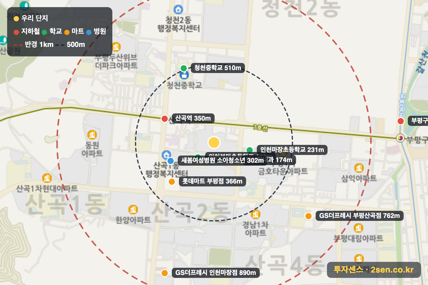 부평산곡푸르지오 반경 1km 입지 지도(지하철·학교·마트)