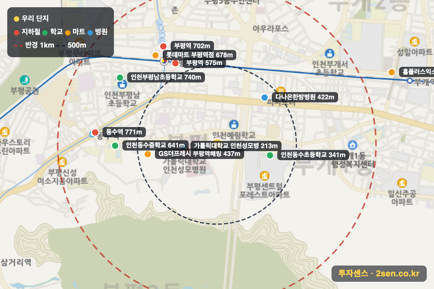 부평역화성파크드림 반경 1km 입지 지도(지하철·학교·마트)