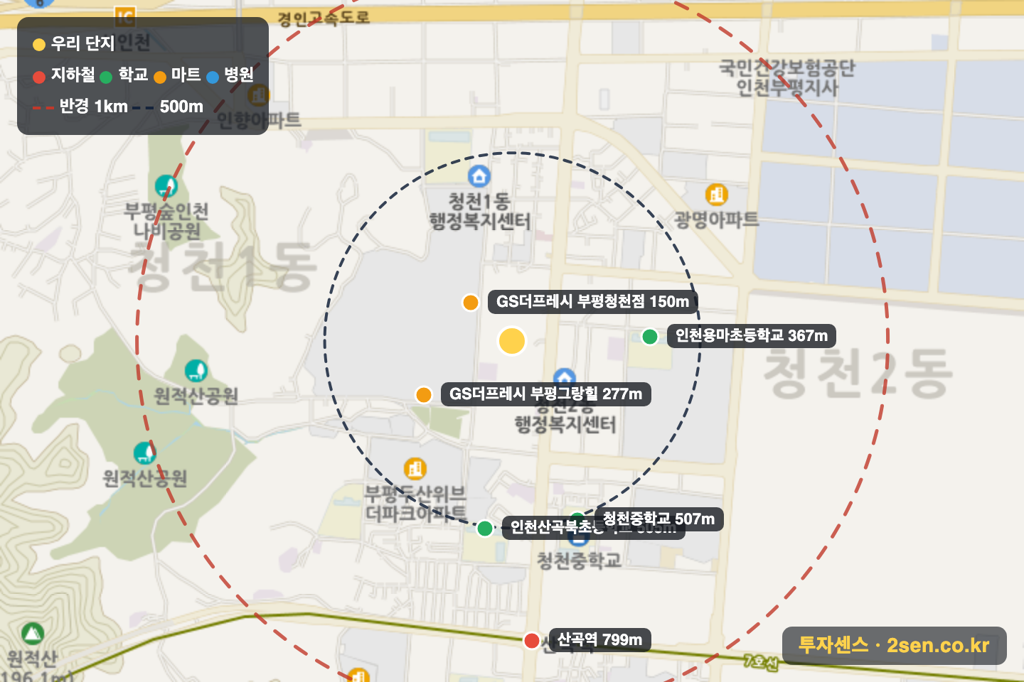 부평캐슬&더샵퍼스트 반경 1km 입지 지도(지하철·학교·마트)