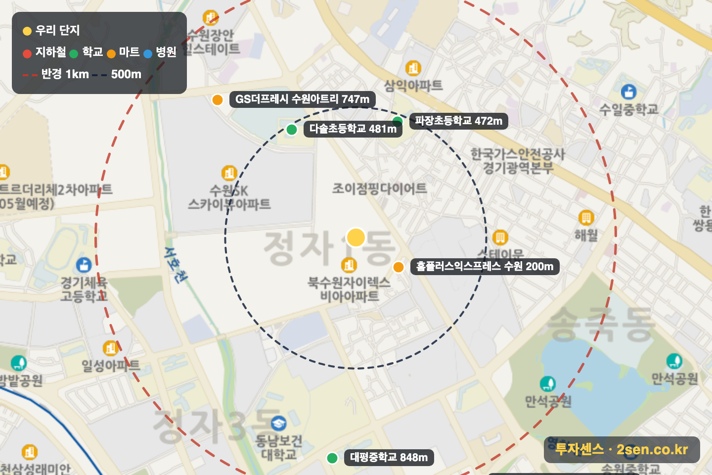 북수원자이렉스비아 반경 1km 입지 지도(지하철·학교·마트)