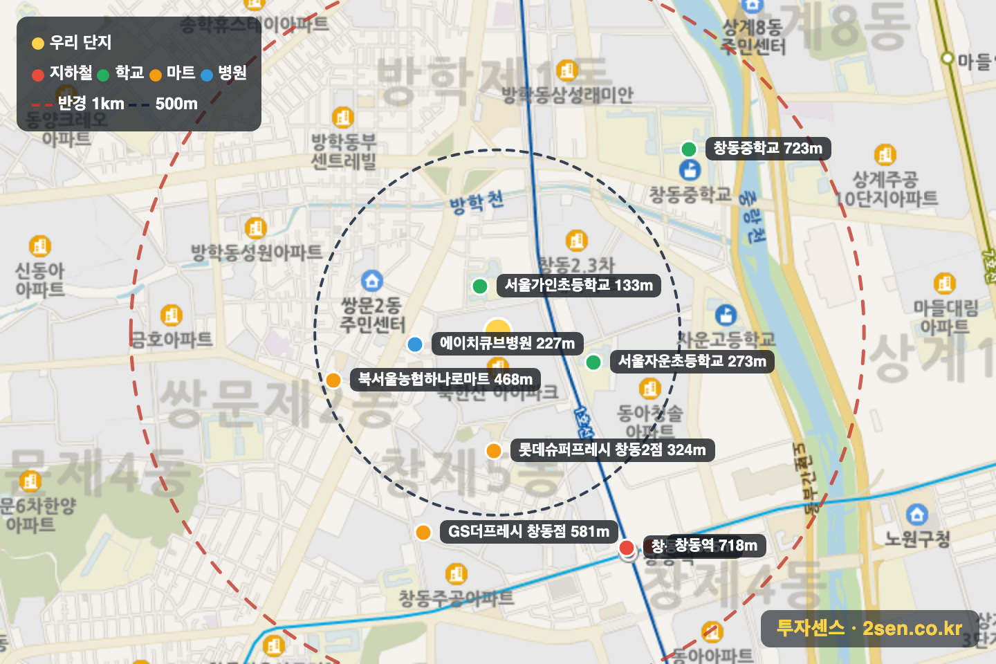 북한산아이파크5차 반경 1km 입지 지도(지하철·학교·마트)