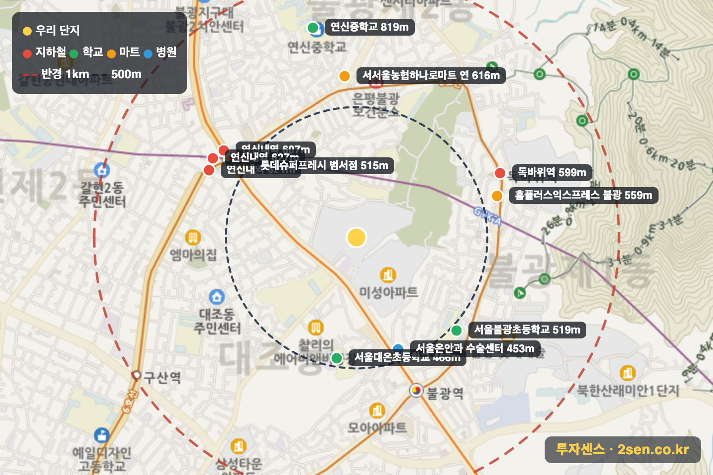 북한산힐스테이트7차 반경 1km 입지 지도(지하철·학교·마트)