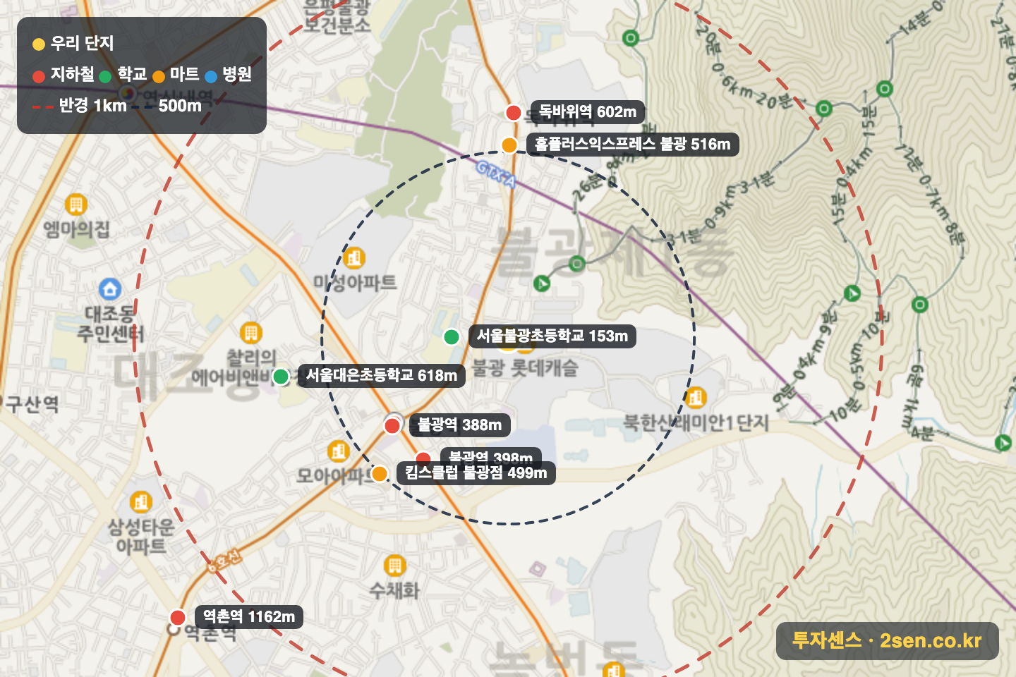 불광롯데캐슬 반경 1km 입지 지도(지하철·학교·마트)