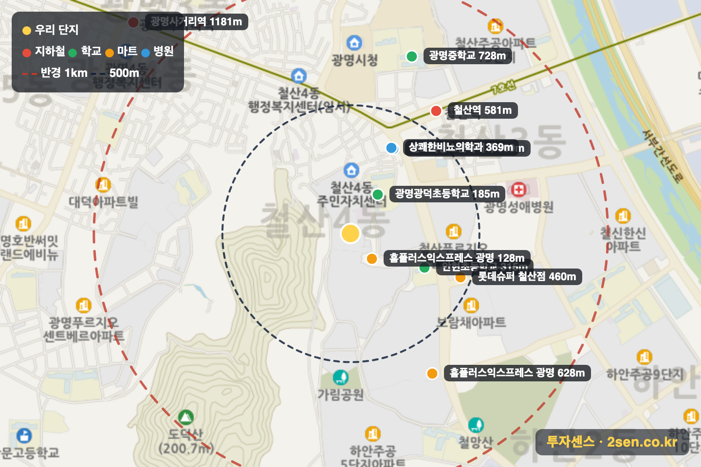 브라운스톤2차 반경 1km 입지 지도(지하철·학교·마트)