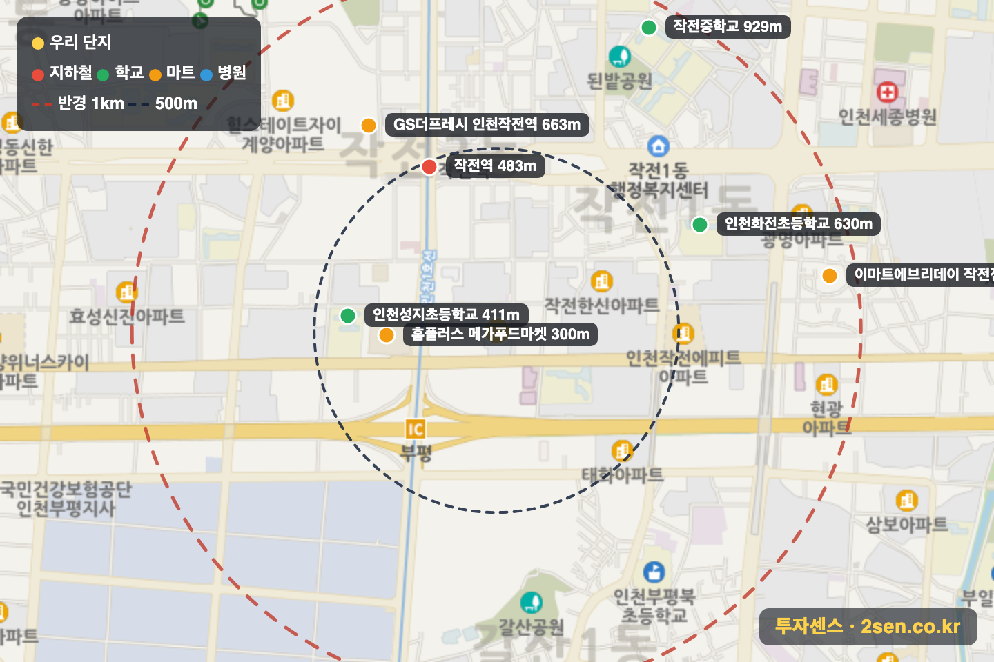 브라운스톤계양스카이 반경 1km 입지 지도(지하철·학교·마트)