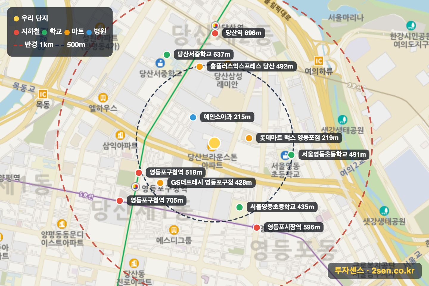 브라운스톤당산 반경 1km 입지 지도(지하철·학교·마트)