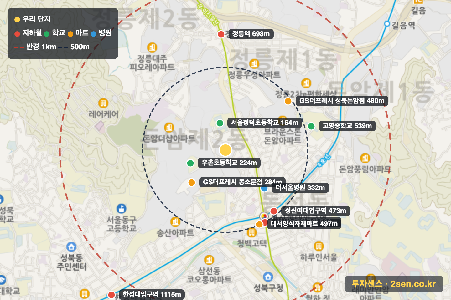 브라운스톤동선 반경 1km 입지 지도(지하철·학교·마트)