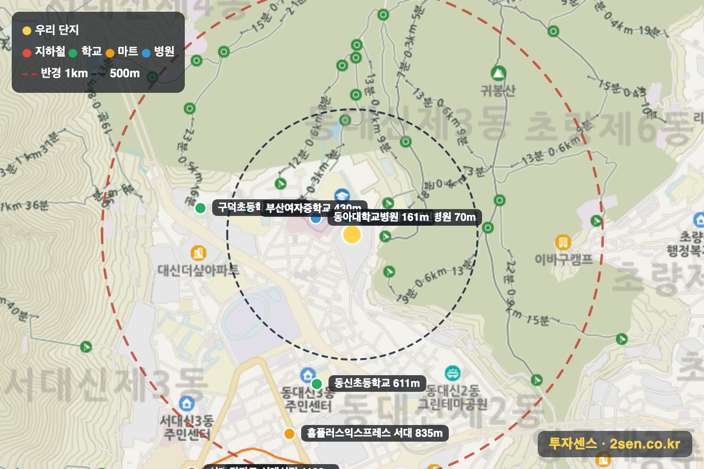 브라운스톤하이포레 반경 1km 입지 지도(지하철·학교·마트)