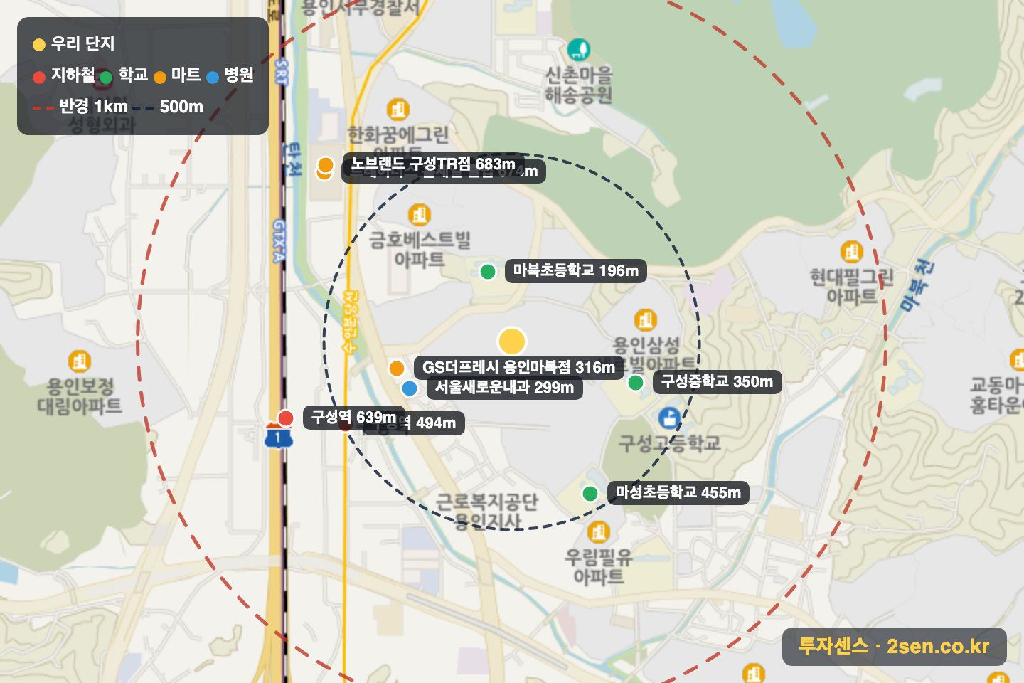 블루밍구성더센트럴 반경 1km 입지 지도(지하철·학교·마트)