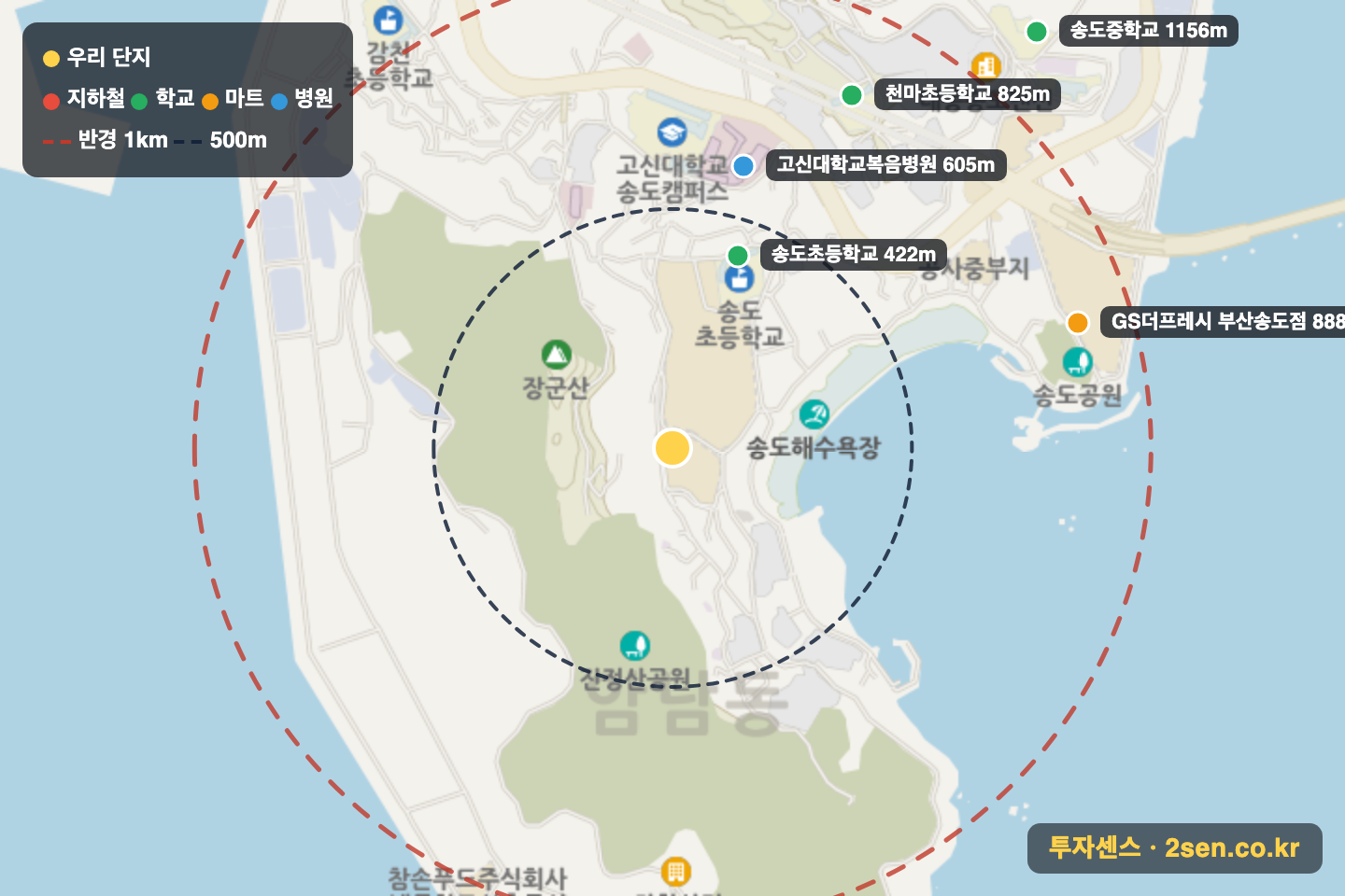 비스타동원더비치테라스 반경 1km 입지 지도(지하철·학교·마트)