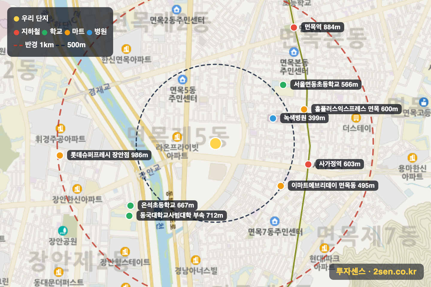사가정센트럴아이파크 반경 1km 입지 지도(지하철·학교·마트)