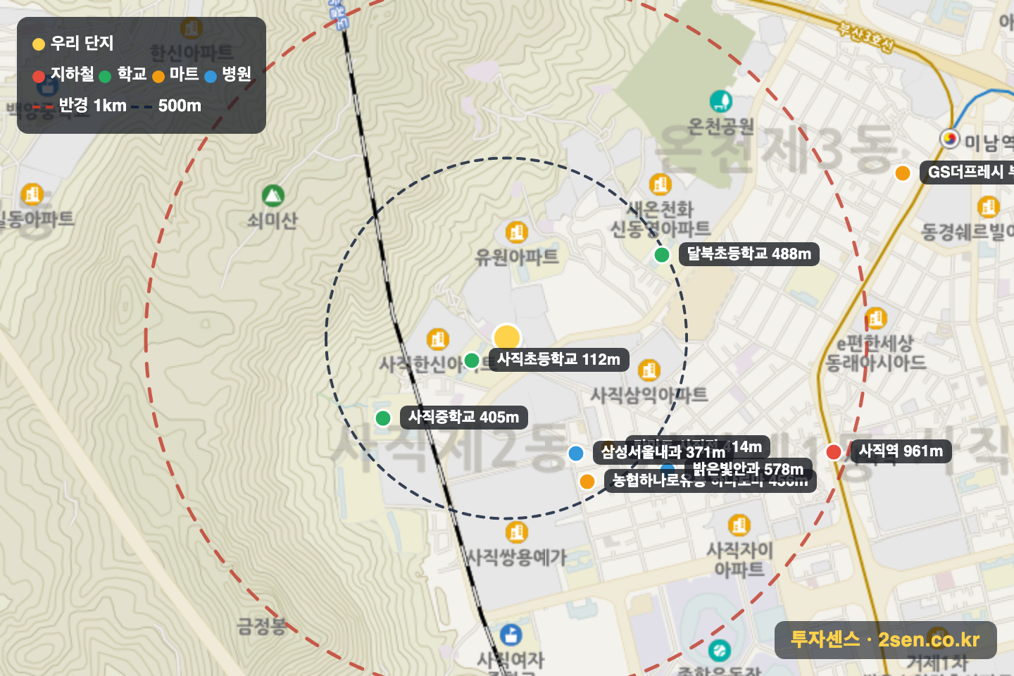 사직2차삼정그린코아 반경 1km 입지 지도(지하철·학교·마트)