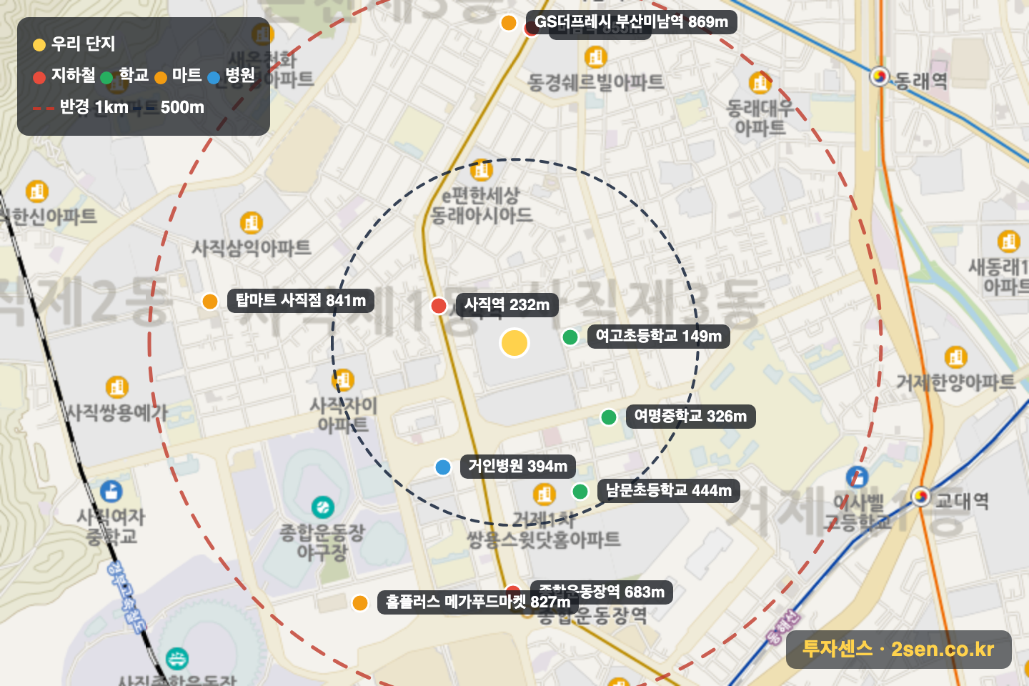 사직롯데캐슬더클래식 반경 1km 입지 지도(지하철·학교·마트)