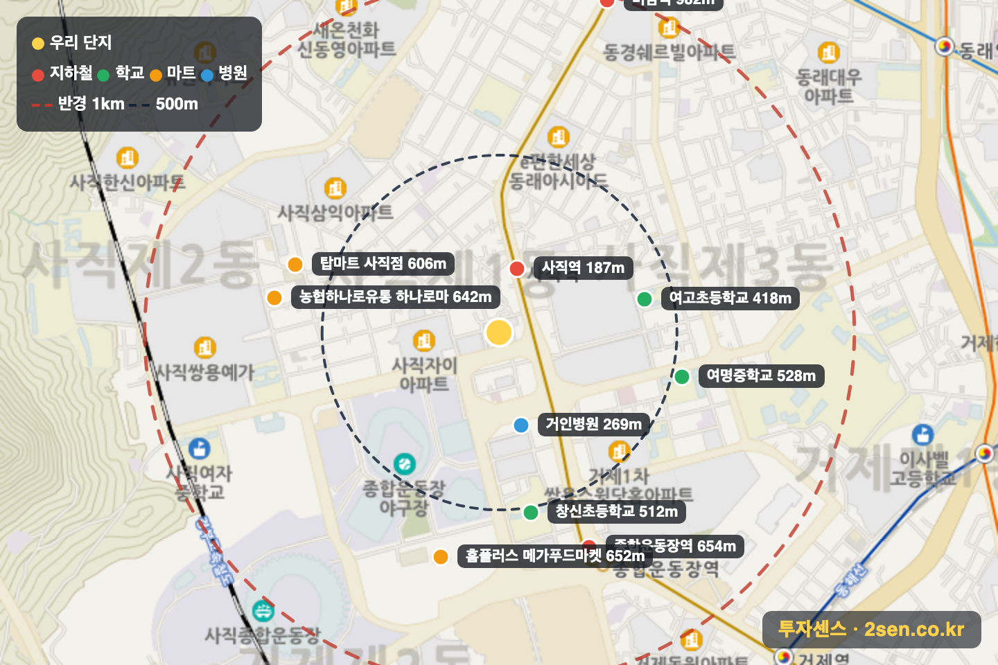 사직역삼정그린코아더베스트2차 반경 1km 입지 지도(지하철·학교·마트)