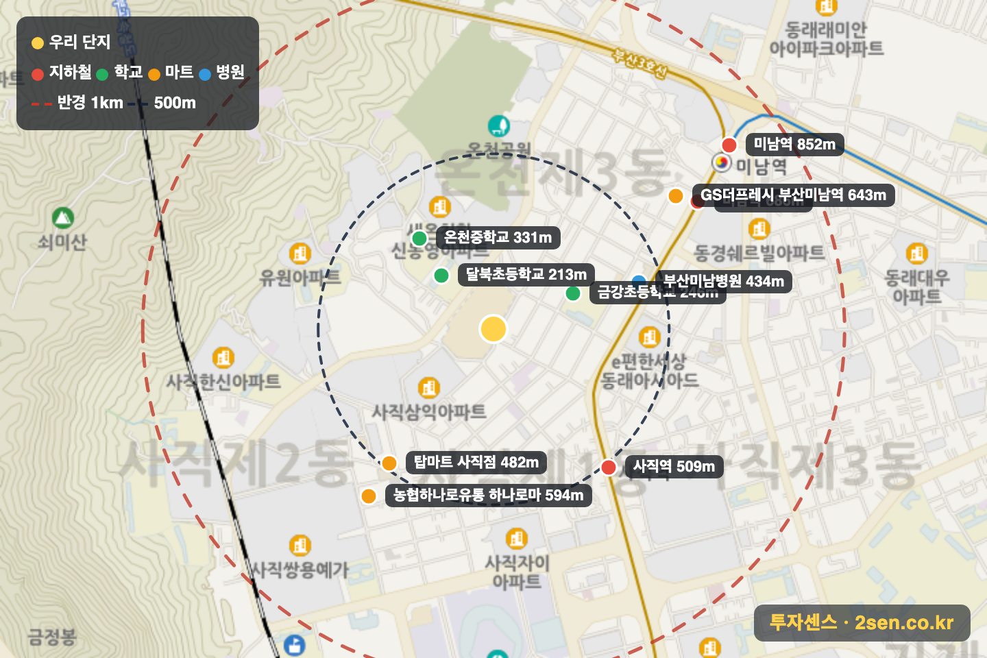 사직하늘채리센티아 반경 1km 입지 지도(지하철·학교·마트)