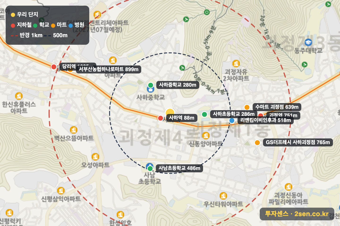 사하역비스타동원 반경 1km 입지 지도(지하철·학교·마트)