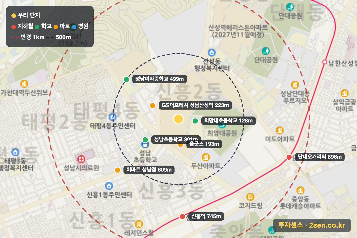 산성역자이푸르지오1단지 반경 1km 입지 지도(지하철·학교·마트)