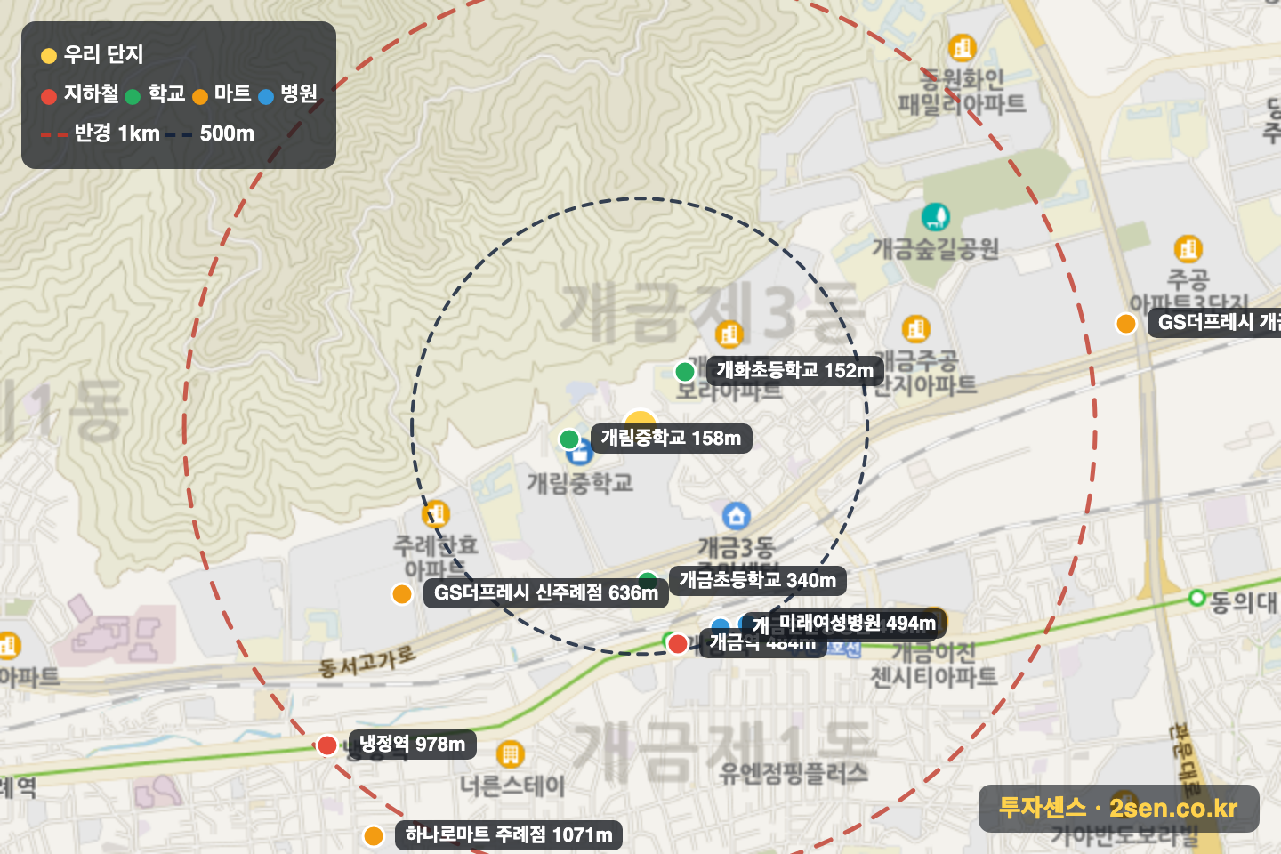 삼보 반경 1km 입지 지도(지하철·학교·마트)