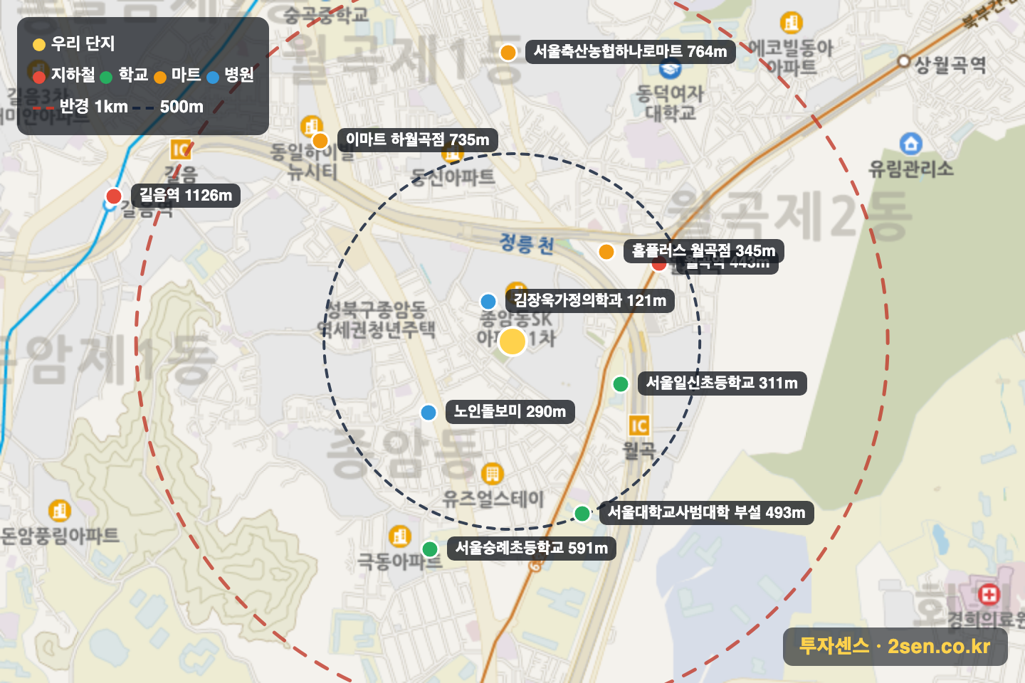 삼선에스케이뷰 반경 1km 입지 지도(지하철·학교·마트)