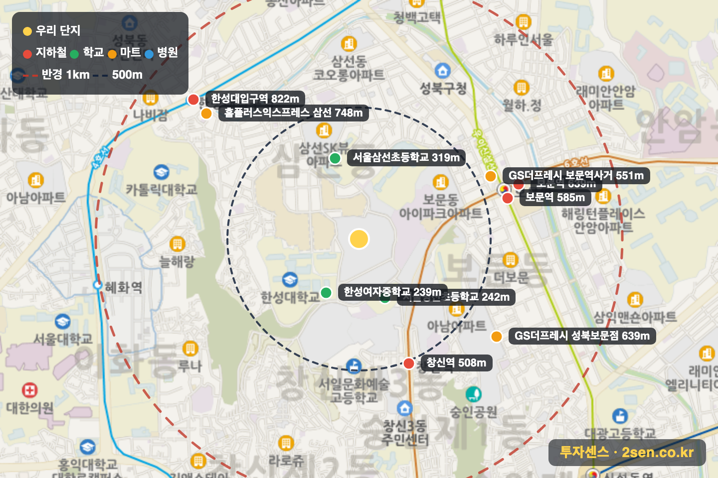 삼선푸르지오 반경 1km 입지 지도(지하철·학교·마트)
