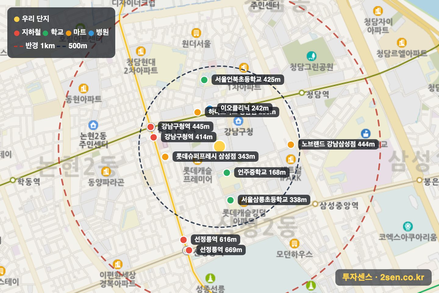 삼성동중앙하이츠빌리지 반경 1km 입지 지도(지하철·학교·마트)