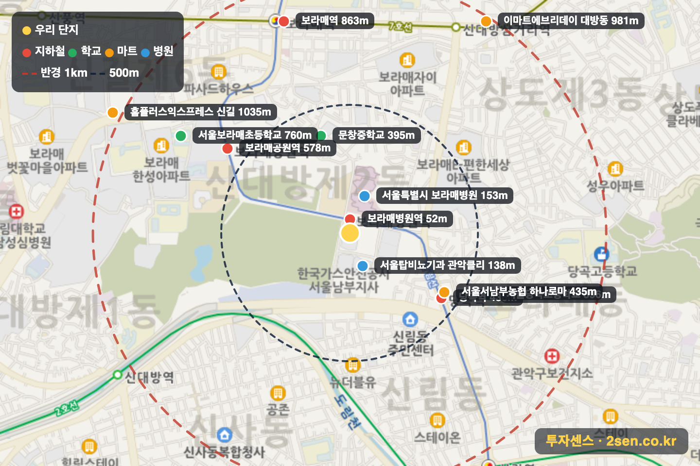 삼성보라매옴니타워 반경 1km 입지 지도(지하철·학교·마트)