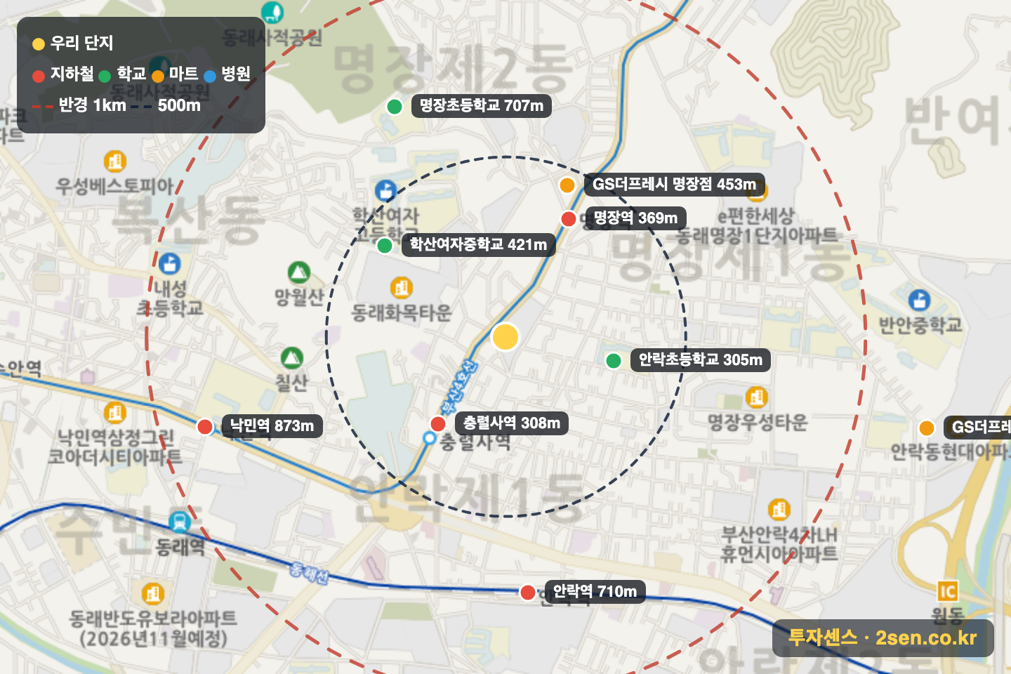 삼성타운 반경 1km 입지 지도(지하철·학교·마트)