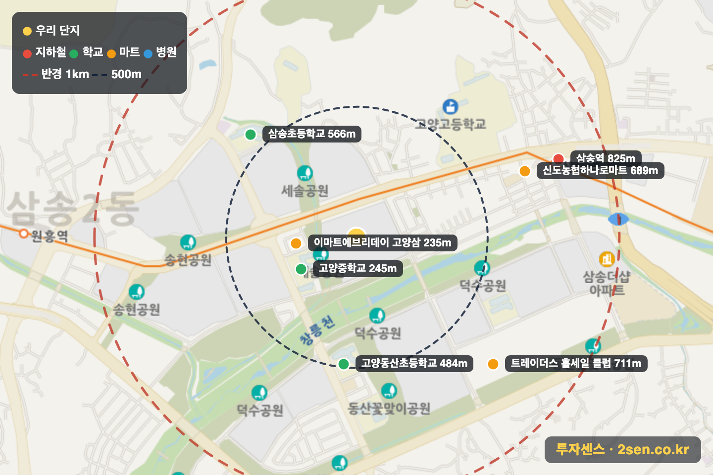 삼송2차아이파크 반경 1km 입지 지도(지하철·학교·마트)