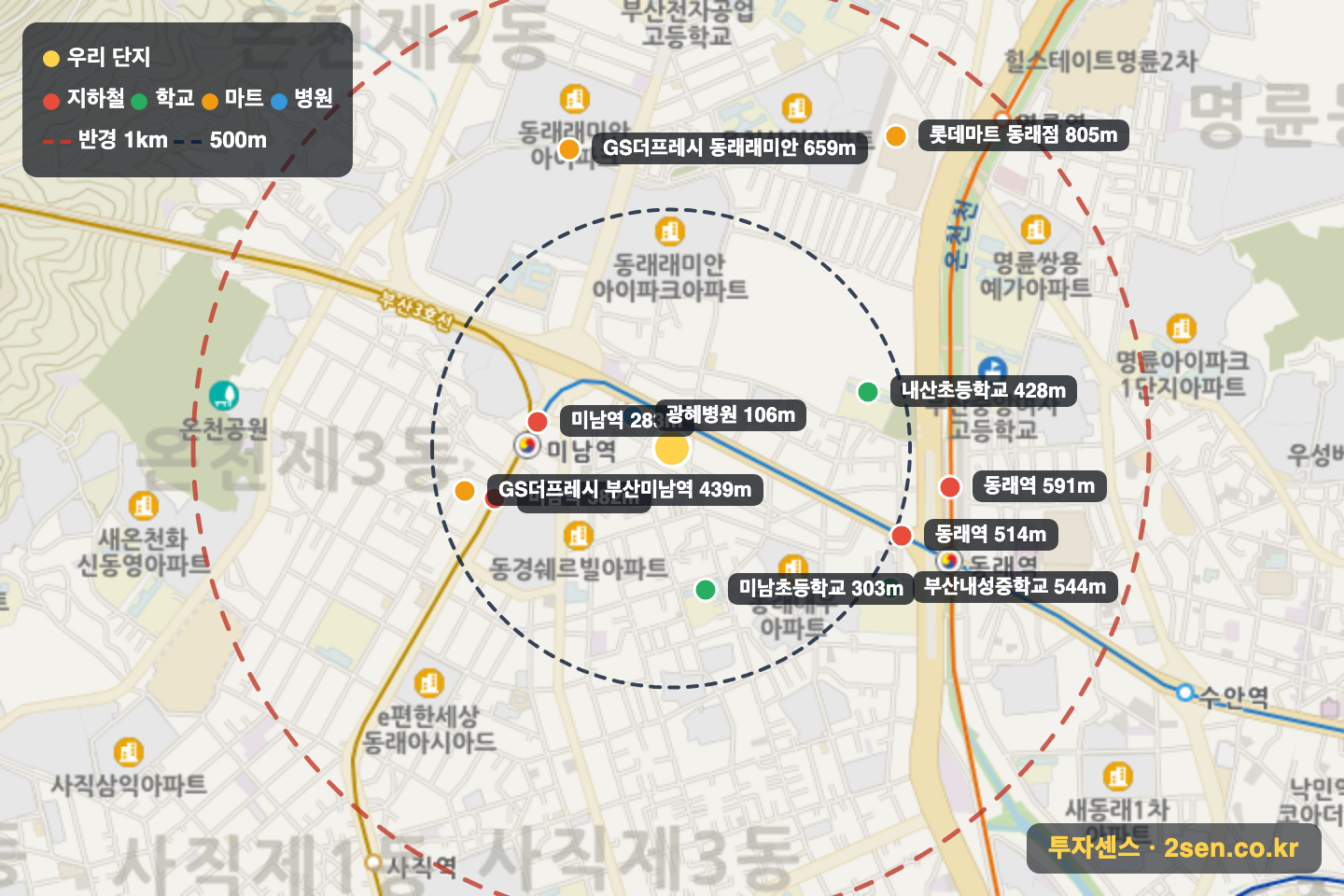 삼우맨션 반경 1km 입지 지도(지하철·학교·마트)