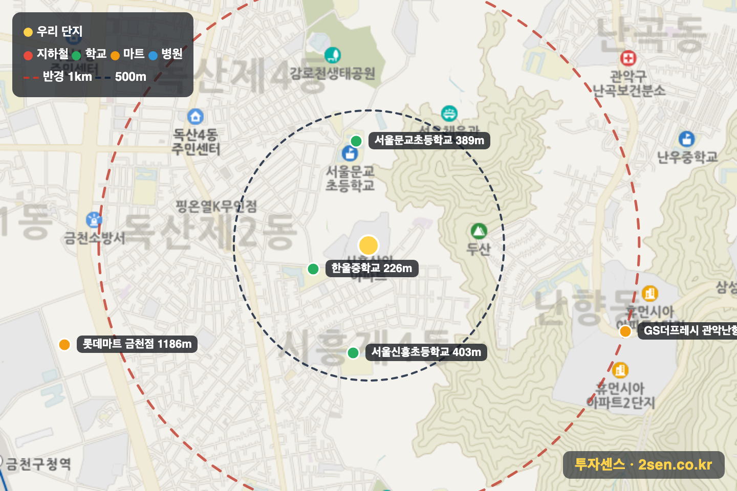 삼익 반경 1km 입지 지도(지하철·학교·마트)
