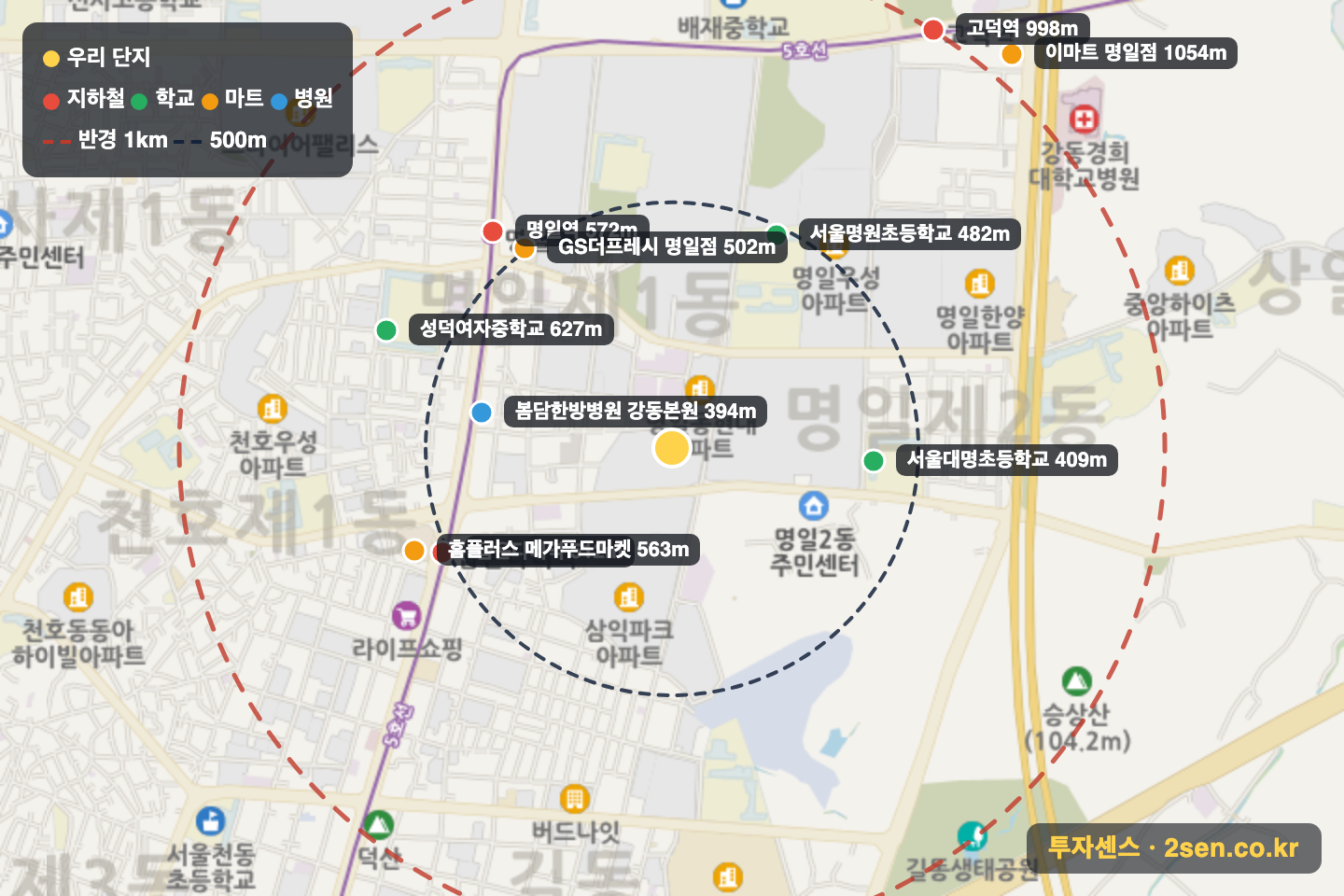 삼익가든 반경 1km 입지 지도(지하철·학교·마트)