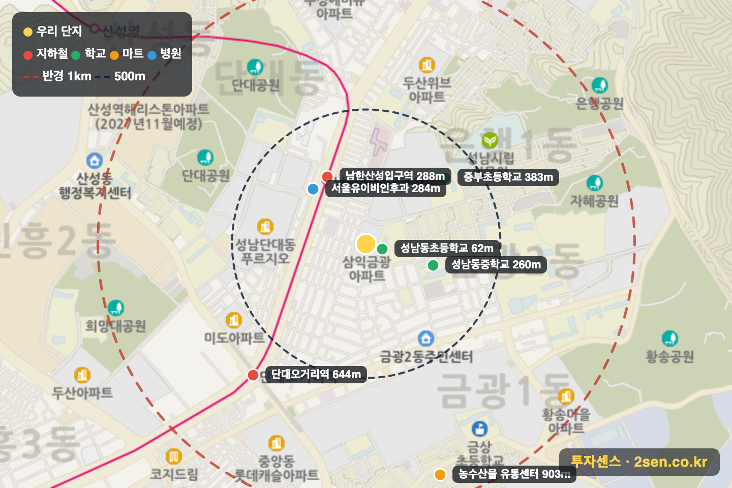 삼익금광1차 반경 1km 입지 지도(지하철·학교·마트)