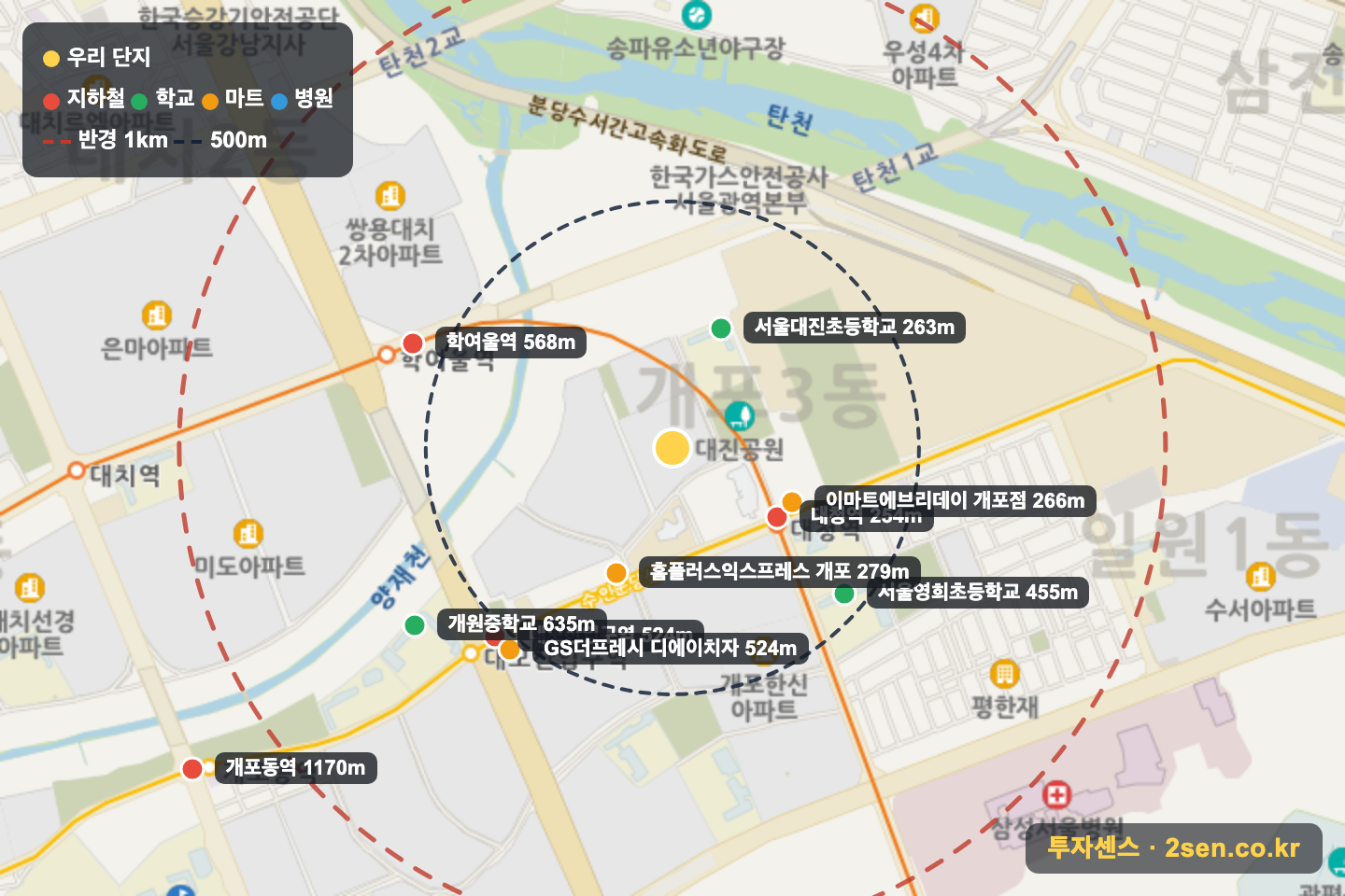 삼익대청아파트 반경 1km 입지 지도(지하철·학교·마트)